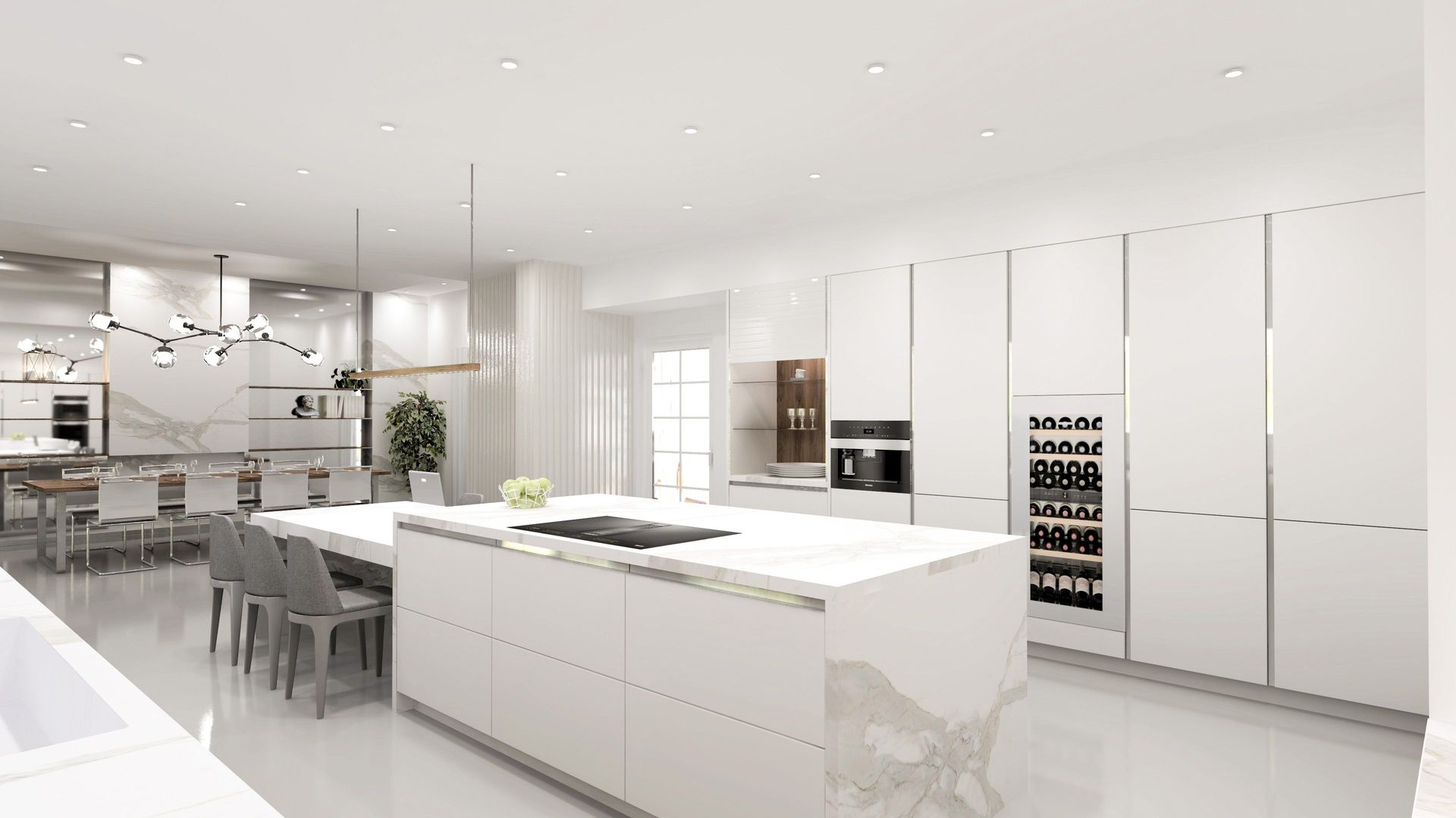 Contemporary kitchen featuring a sleek white island and elegant lighting.